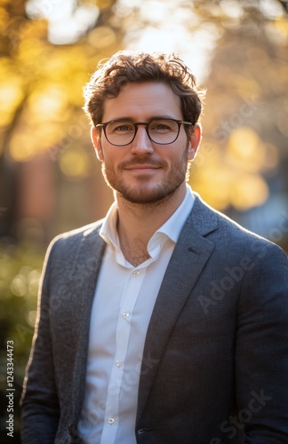 Portrait of a man in a suit enjoying an autumn afternoon in a park