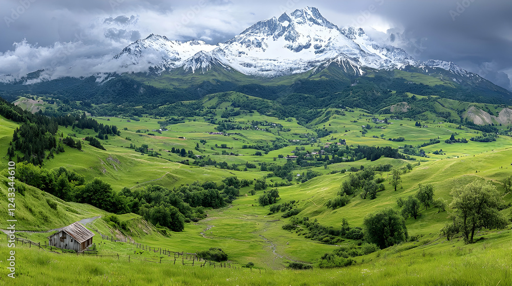 Obraz premium Mountain valley landscape, chalet, scenic view, cloudy sky, travel postcard