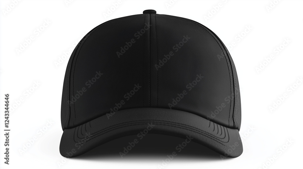 High-resolution black baseball cap mockup positioned symmetrically with realistic lighting and shadows. Perfect for apparel design, promotional use, or product presentations. High-resolution black baseball cap mockup positioned symmetrically with realistic lighting and shadows. Perfect for apparel design, promotional use, or product presentations.