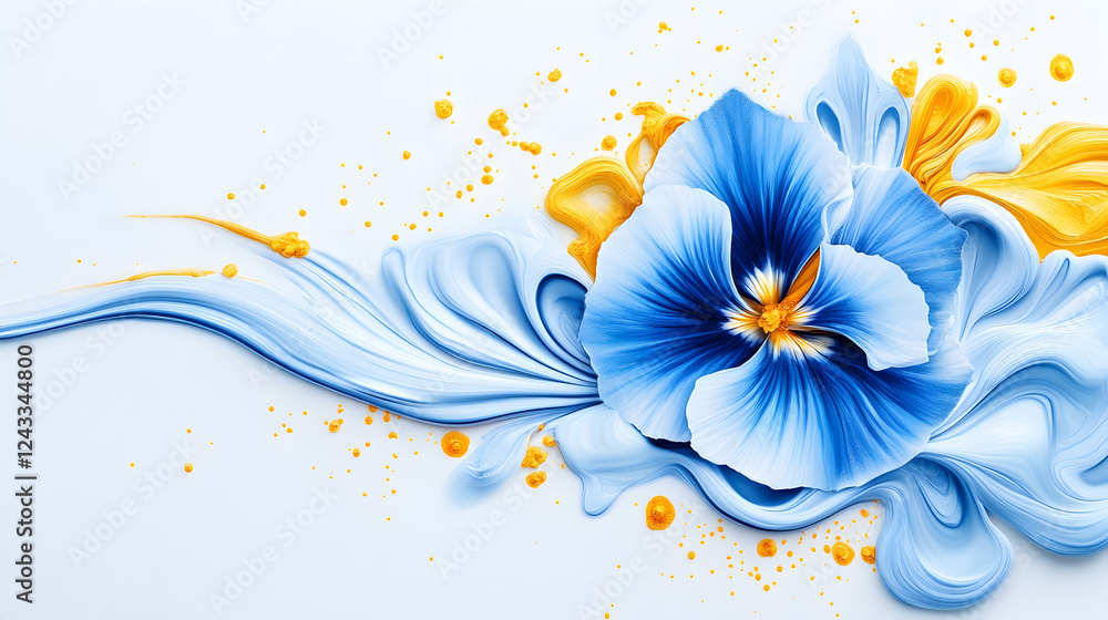 Blue pansy flower in abstract paint swirls, light background, spring design, website header Blue pansy flower in abstract paint swirls, light background, spring design, website header