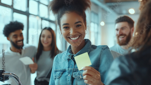 female tech programmer smiles while showing an adhesive note with important information reflecting creativity and collaboration in the workplace.  AI generative tools. photo