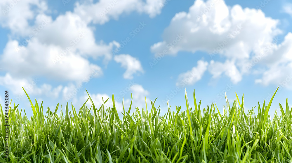 Obraz premium Lush green grass under a bright blue sky with fluffy clouds; ideal for spring/summer themes