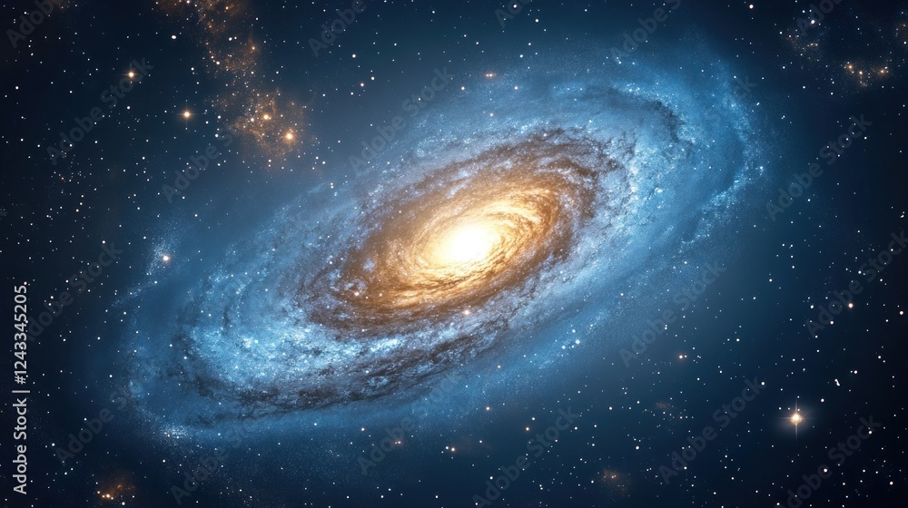 Obraz premium A stunning spiral galaxy illuminated by a bright core, showcasing cosmic beauty and depth.