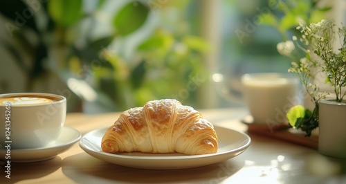 Freshly baked croissant and coffee on a sunny morning at a cozy cafe