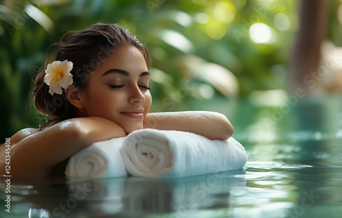 Woman relaxing in a tropical spa setting with towels and water during a tranq...