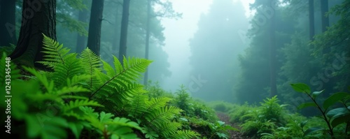 Fog-shrouded ferns sway gently in windless forest air, vegetation, foggy forest, natural