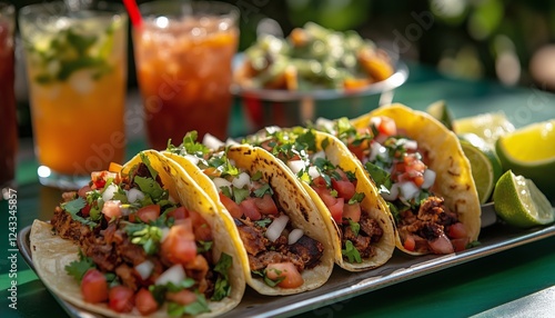 Tacos served with fresh toppings and drinks in a vibrant outdoor setting