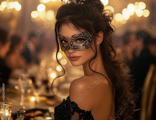 Mysterious woman in elegant mask at a lavish dinner party with warm candlelight