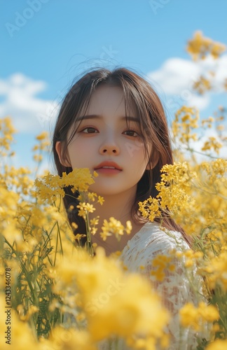 Young woman surrounded by yellow flowers in a sunny field during the day