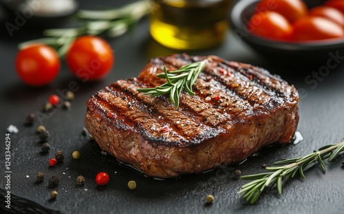 Grilled steak with herbs and cherry tomatoes on a dark stone platter