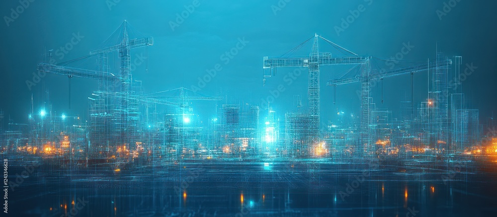 Fototapeta premium Night city construction cranes, digital model