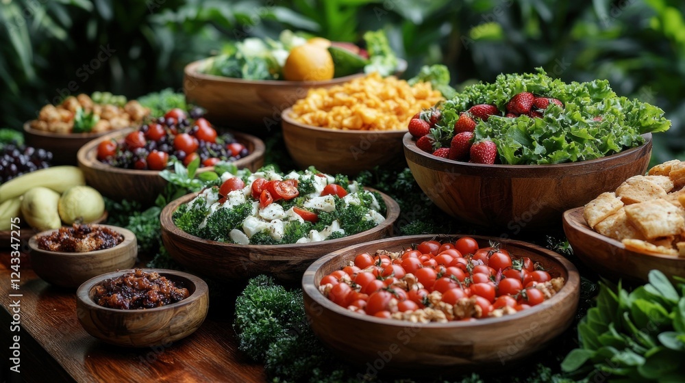 Fototapeta premium Tropical buffet salad, fruit, nuts, garden