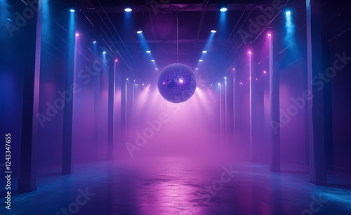 Disco ball suspended in purple and blue lights at an empty dance floor