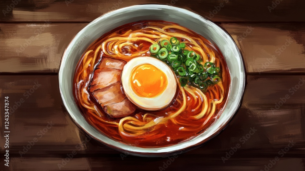 Traditional Japanese ramen with a rich broth, chashu pork, and soft egg on a rustic wooden background. Traditional Japanese ramen with a rich broth, chashu pork, and soft egg on a rustic wooden background.