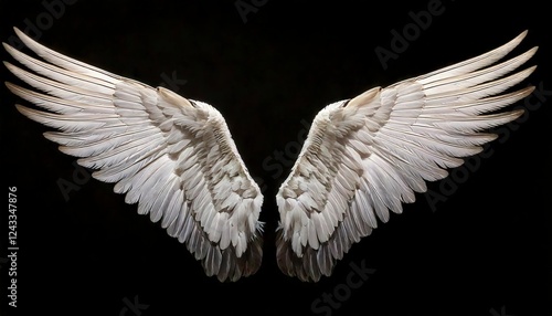 A large, angelic wings, appearing to be flying, with feathers detailed beautifully.