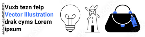 Lightbulb for ideas, windmill for renewable energy, handbag with tag for retail. Ideal for technology, environment, shopping, sustainability, innovation, business flat landing page banner