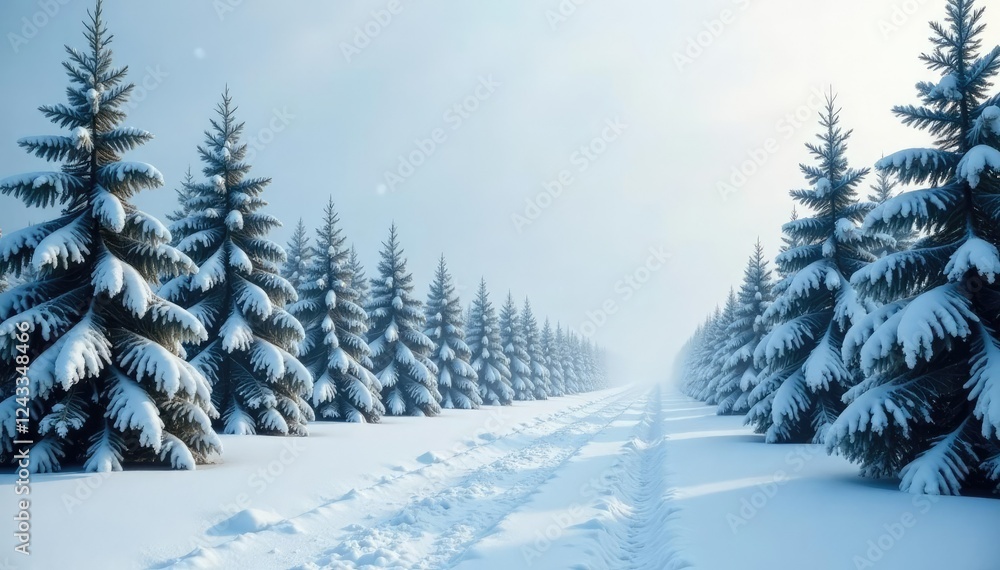 Snow-covered evergreens stretch towards the grey sky, wintry scenery, frosty mornings, snowflakes Snow-covered evergreens stretch towards the grey sky, wintry scenery, frosty mornings, snowflakes