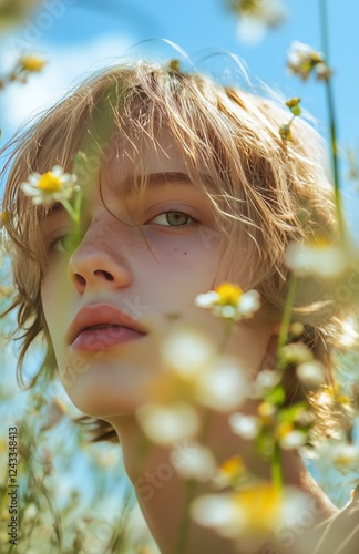 Portrait of a young person in a flower field under a blue sky during daylight