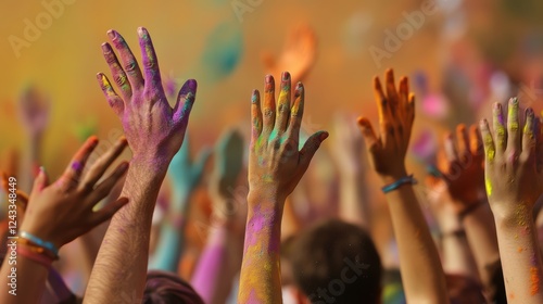 Hands of a crowd of people at the Holi festival throw colorful powders into the air
