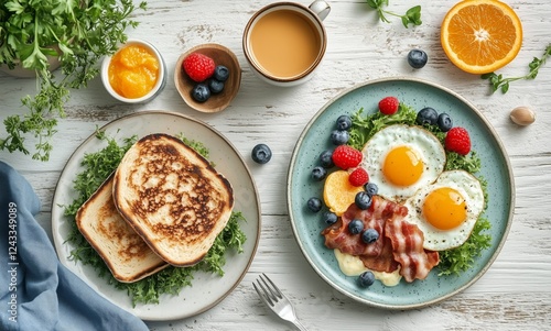 Breakfast spread with eggs, bacon, toast, and fresh fruit on a wooden table