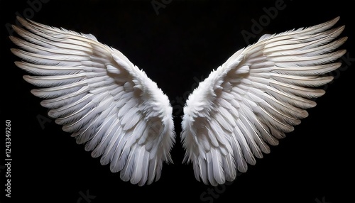 A large, angelic wings, appearing to be flying, with feathers detailed beautifully.