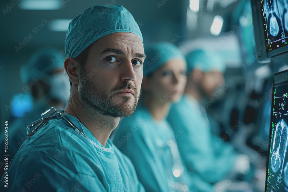 Surgeon in scrubs looking at the camera with a serious expression in a hospital operating room setting Surgeon in scrubs looking at the camera with a serious expression in a hospital operating room setting