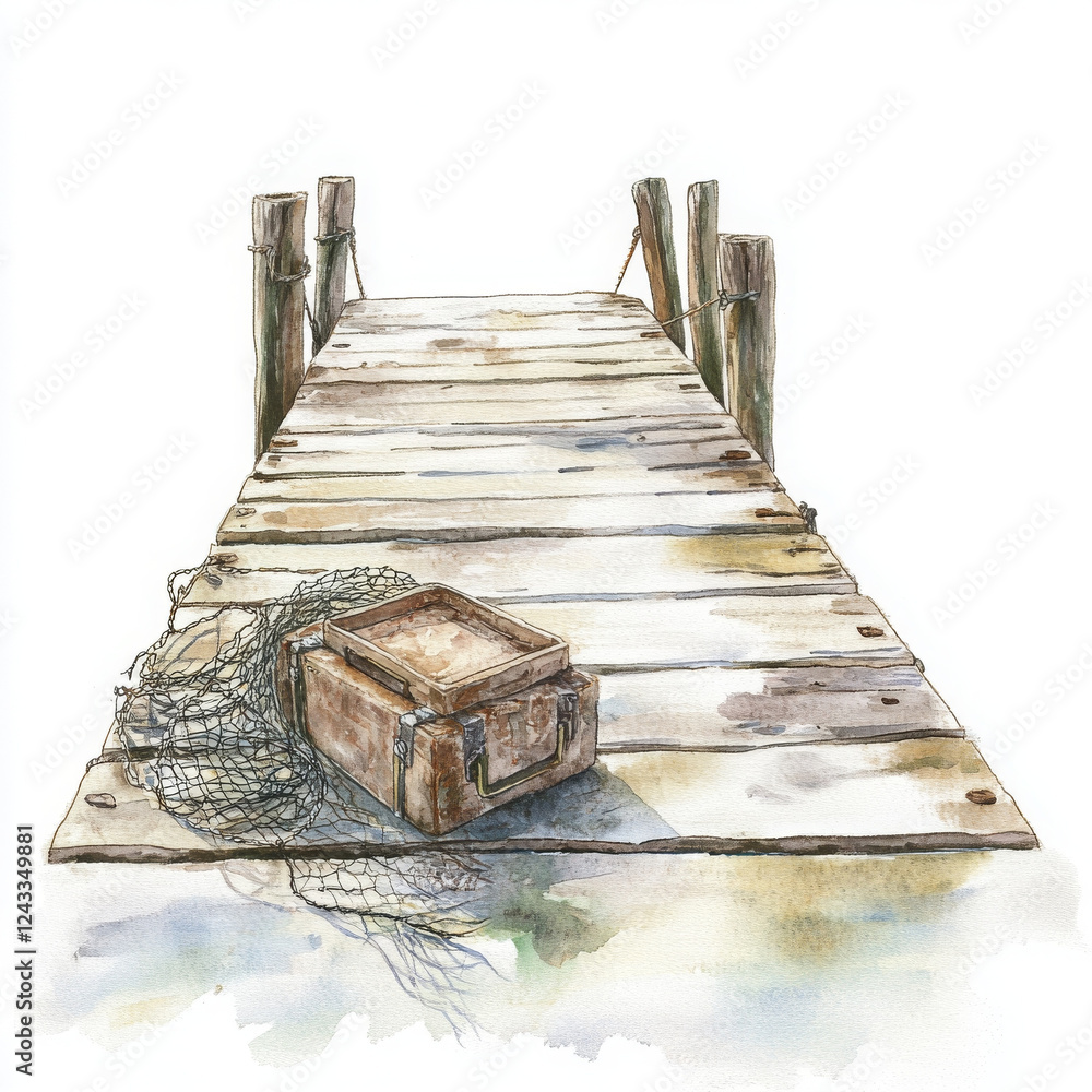 Illustration reveals serene scene with wooden dock and weathered treasure box Illustration reveals serene scene with wooden dock and weathered treasure box