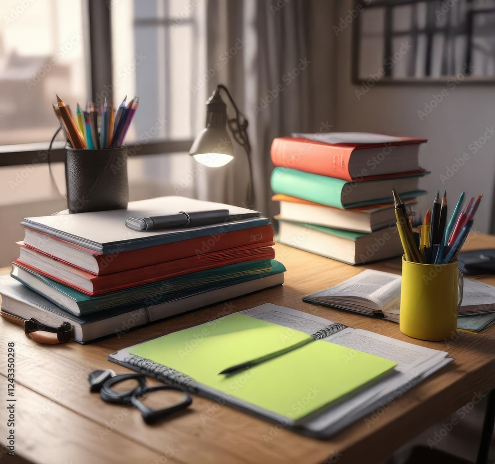 Student's study desk with textbooks and highlighters, copy space, education Student's study desk with textbooks and highlighters, copy space, education