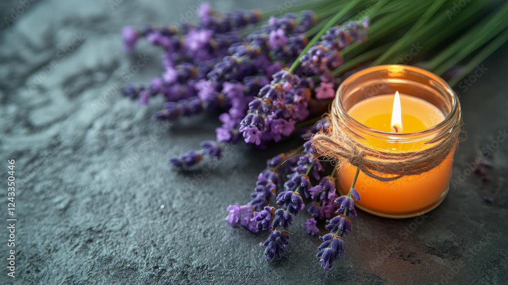 Lavender and candle on a dark textured background. Lavender and candle on a dark textured background.