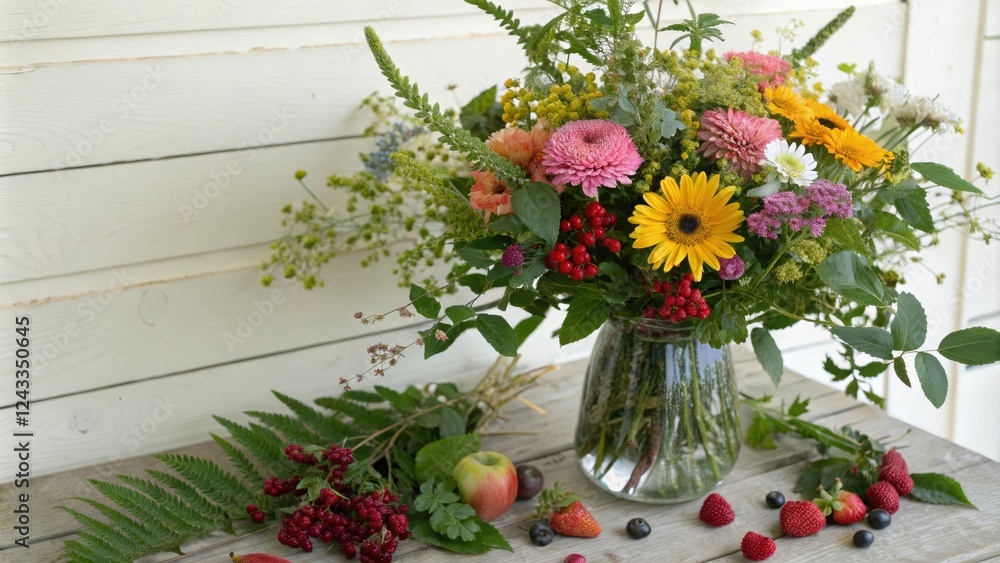 Naklejka premium Summer florals in a vase with greenery and berries, roses, berries