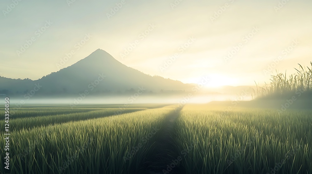 Fototapeta premium Serene Sunrise Over Misty Rice Paddies And Mountain