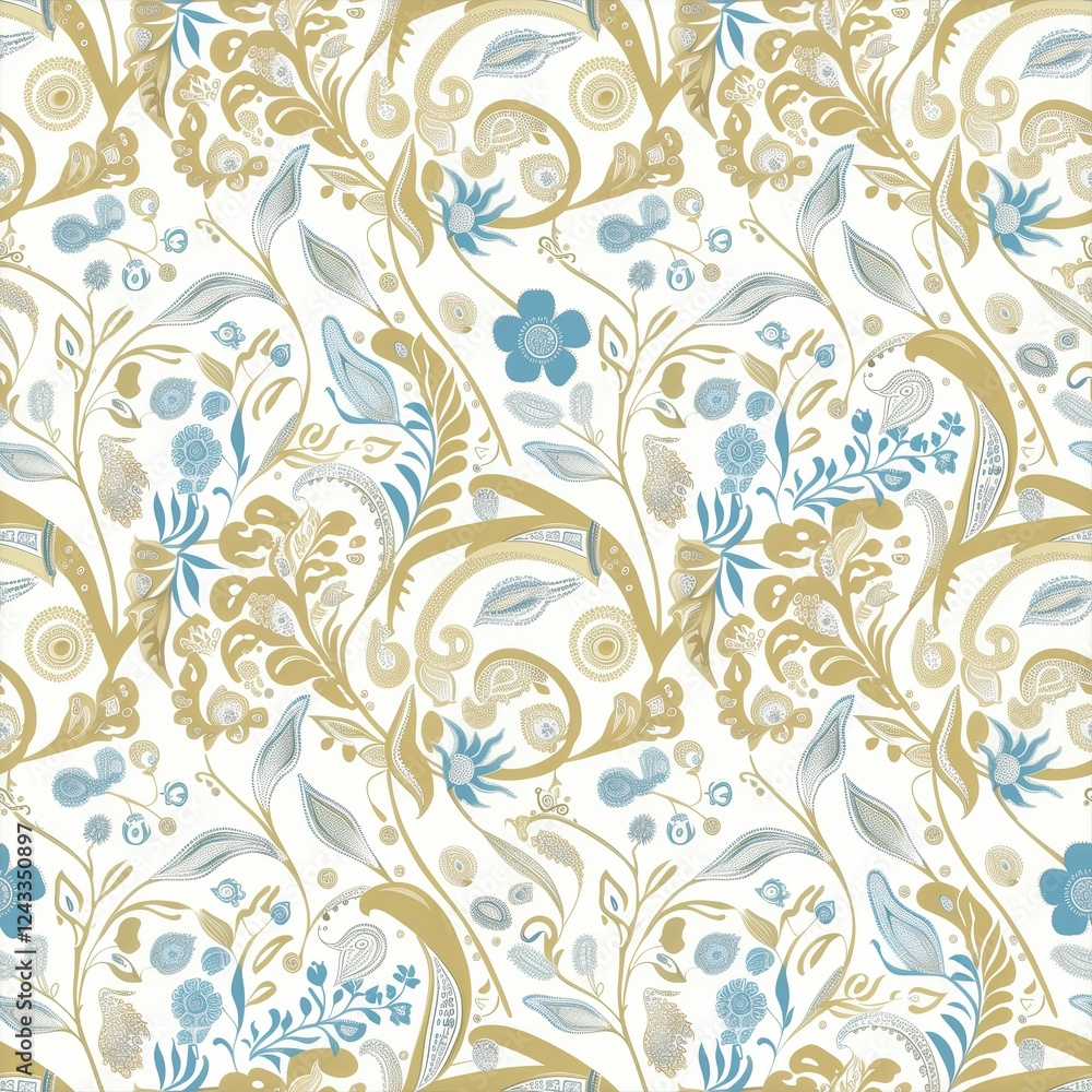 Floral pattern featuring birds and flowers in blue and gold tones on a white background. Floral pattern featuring birds and flowers in blue and gold tones on a white background.