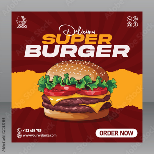Square Editable Delicious Super Burger Food Menu Poster or Flyer For Restaurant And Marketing Purposes, Food Poster, Food Banner, Food Flyer, Restaurant Poster, Restaurant Flyer, Restaurant Banner