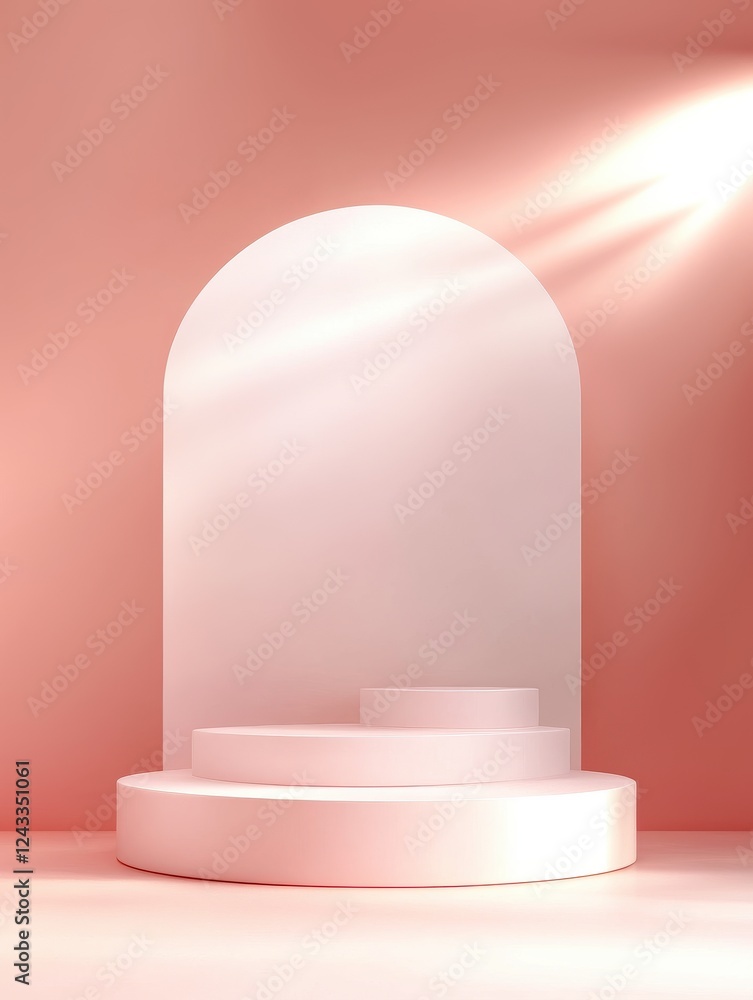 Elegant multi-level pink podium in an arched space with warm light. Ideal for premium brands, women's themes, interior solutions and cosmetic products. Elegant multi-level pink podium in an arched space with warm light. Ideal for premium brands, women's themes, interior solutions and cosmetic products.