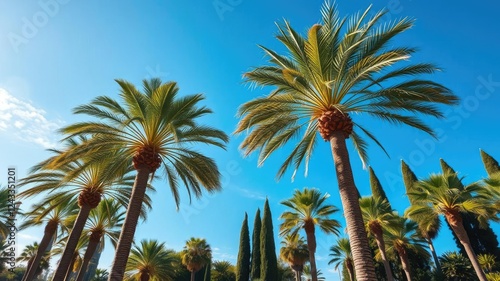 palm trees sway gently in the breeze against a radiant blue sky with prominent cypress trees, peaceful, outdoor