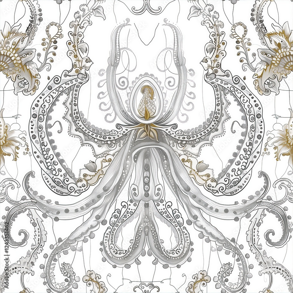 Intricate octopus pattern in black and gold on a white background, showcasing elegant marine design.