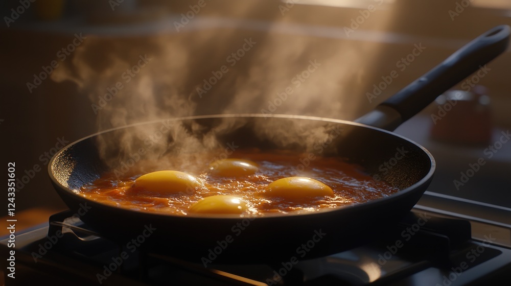 Sunny-side eggs cooking kitchen steamy breakfast Sunny-side eggs cooking kitchen steamy breakfast