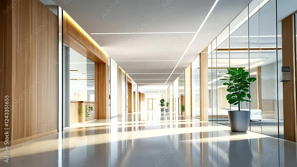 Sleek hospital hallway featuring contemporary design and gentle illumination. Sleek hospital hallway featuring contemporary design and gentle illumination.