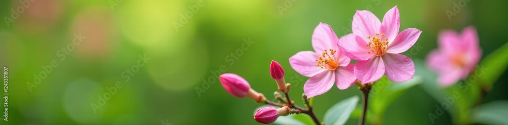 Pastel pink flowers blooming on a lush green stem, delicate petals, garden, spring Pastel pink flowers blooming on a lush green stem, delicate petals, garden, spring