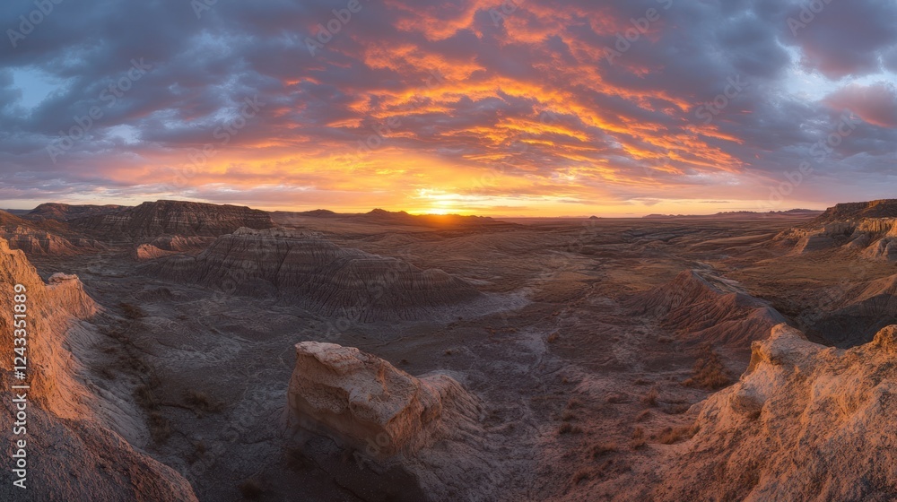 Fototapeta premium A stunning sunset over a vast, rugged landscape with dramatic cloud formations.