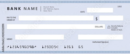 Bank check, vector blank money cheque, checkbook template with guilloche pattern and fields. Currency payment coupon, money check background	