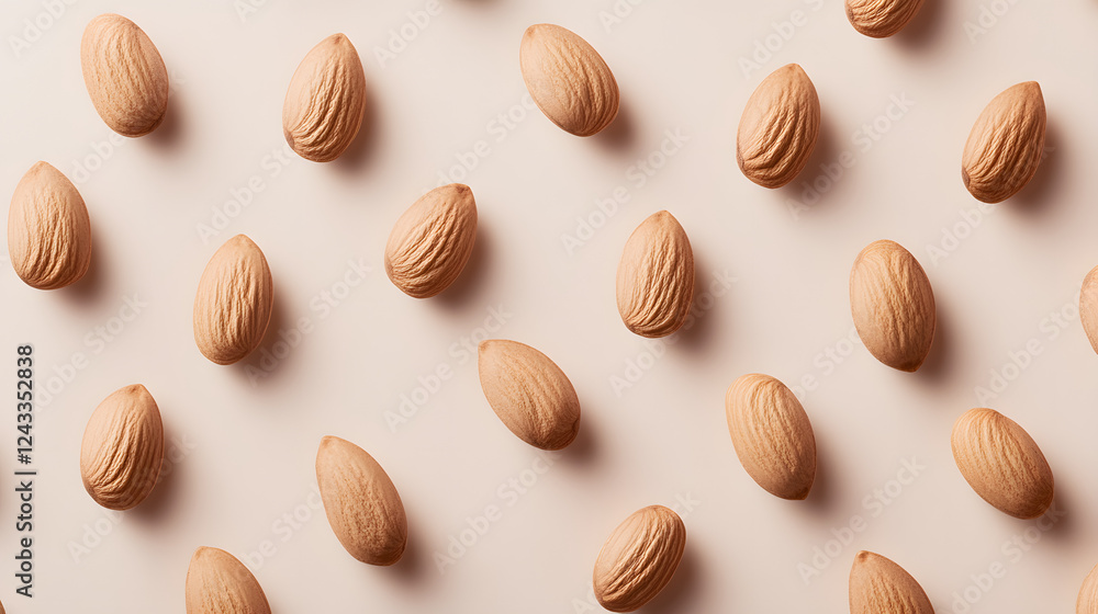 Almonds arranged in a minimalist style on a clean, white background, highlighting their smooth texture. Almonds arranged in a minimalist style on a clean, white background, highlighting their smooth texture.