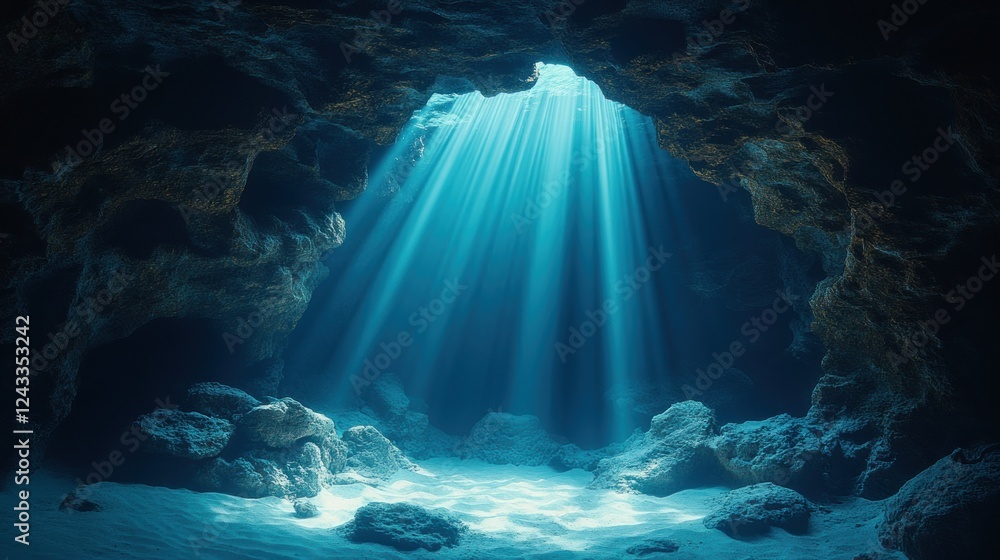 Obraz premium Underwater cave sunlight ocean floor exploration