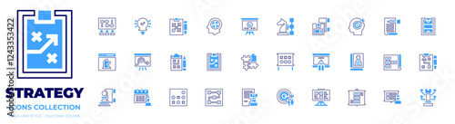 Strategy icon collection. Bold line style. Duotone colors. boardstrategy, strategy, tactic, puzzlepieces, calendar, noughtsandcrosses, marketing, strategicplanning