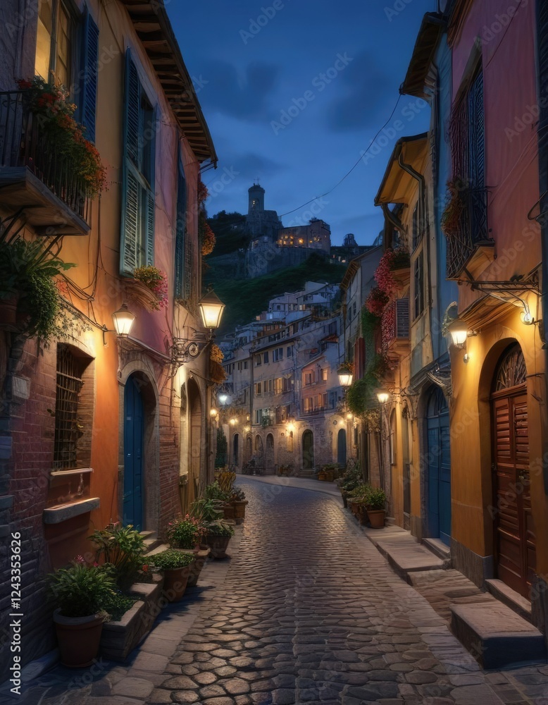 Obraz premium The old town's colorful houses and narrow streets in Vernazza during the blue hour transition from day to night, old town, vernazza, streets