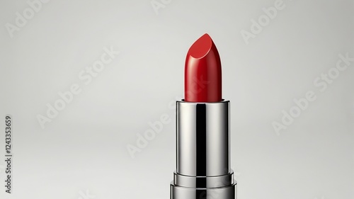 Red Lipstick on Silver Tube Against White Background