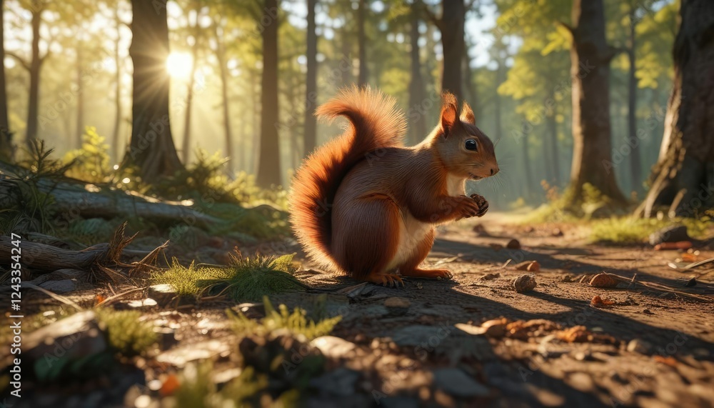 The sun casts long shadows across the forest floor as a squirrel forages for nuts, forest floor, shadow, trees The sun casts long shadows across the forest floor as a squirrel forages for nuts, forest floor, shadow, trees