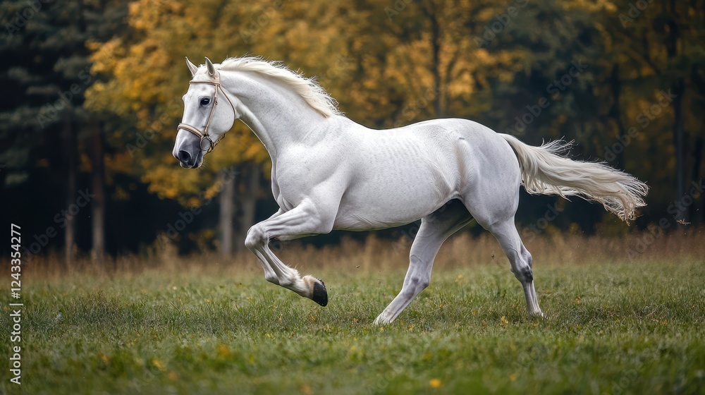 A majestic white horse gallops gracefully across a vibrant green grass field, embodying freedom and the beauty of nature. A majestic white horse gallops gracefully across a vibrant green grass field, embodying freedom and the beauty of nature.