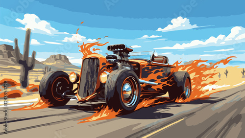 car on the road hotrod vector