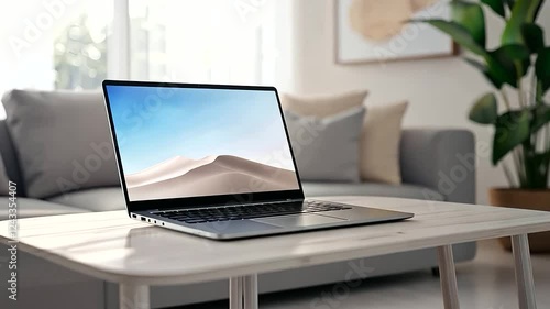 Wallpaper Mural Sleek laptop on a white table in a warm, inviting living room setting. Torontodigital.ca